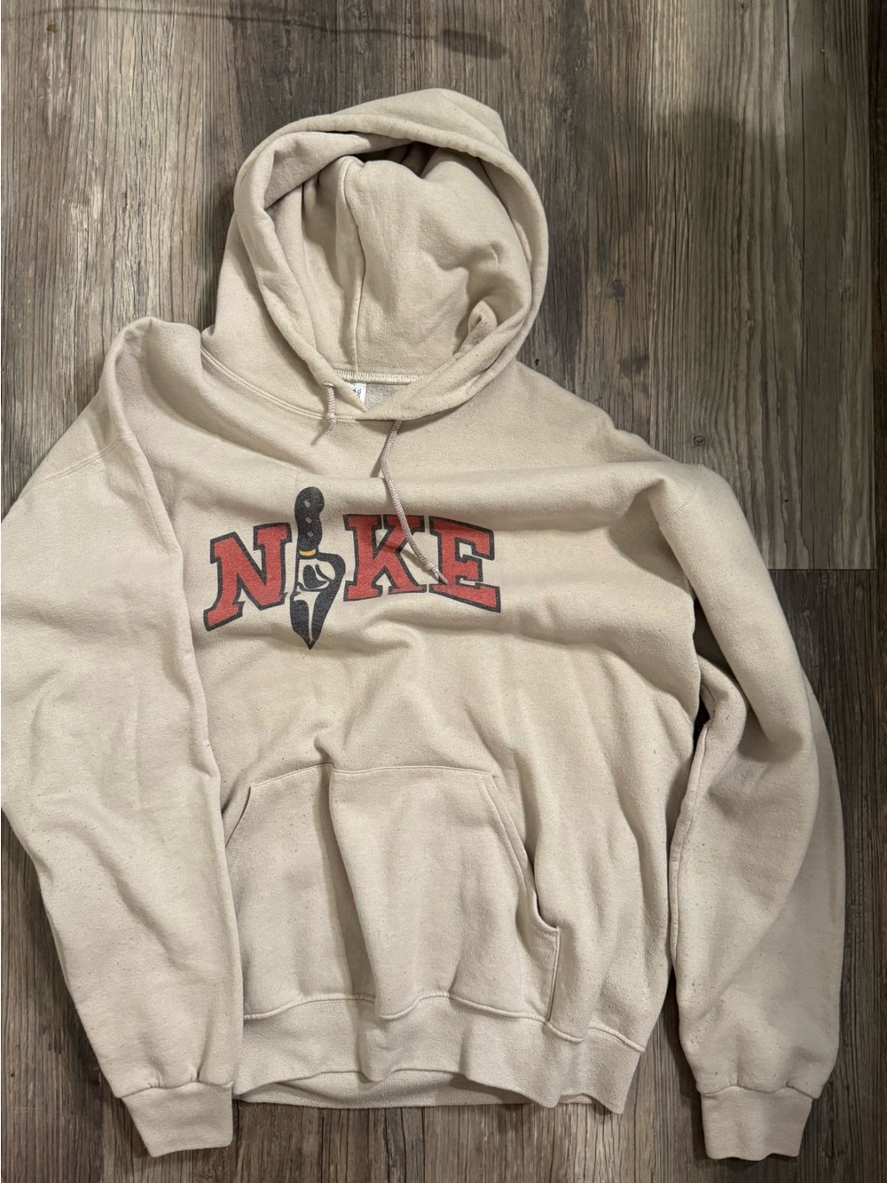 Nike Cream Hoodie with Red and Black Logo Graphic.. NOT NIKE AUTHENTIC
